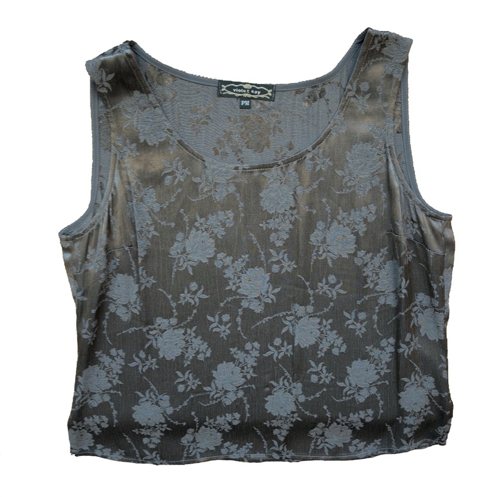 Vintage Violet Kay silky satiny floral grey cropped sleeveless top size PM